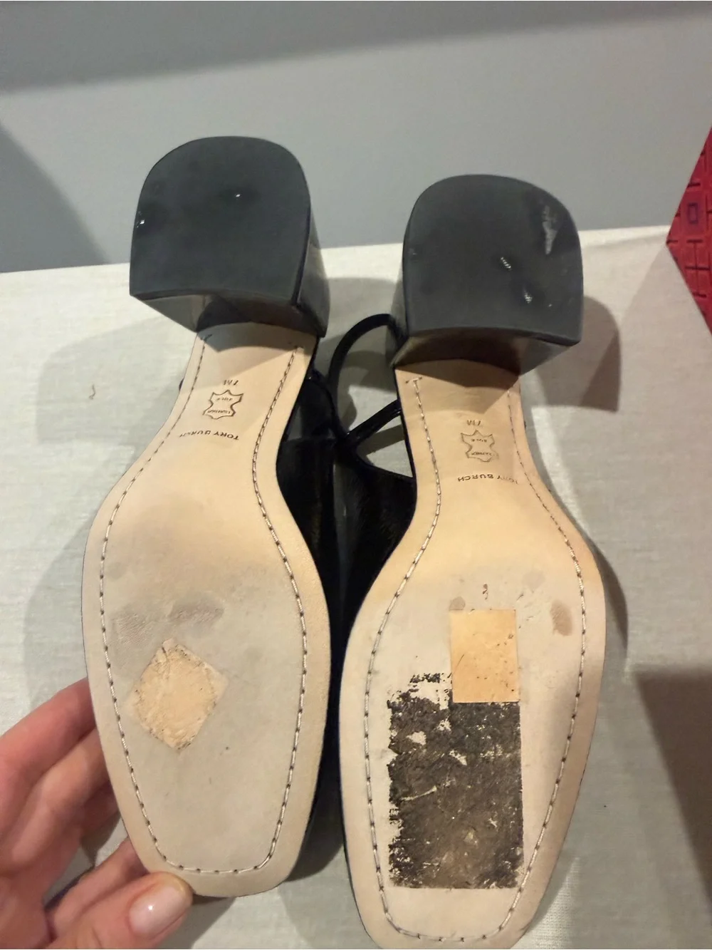 Tory Burch Georgia Black Patent Slingback Heels with Gold Logo